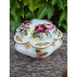 Vintage 1969 Porcelain Trinket Box w/  Hand-Painted Roses Gold Trim Dresser Jar
